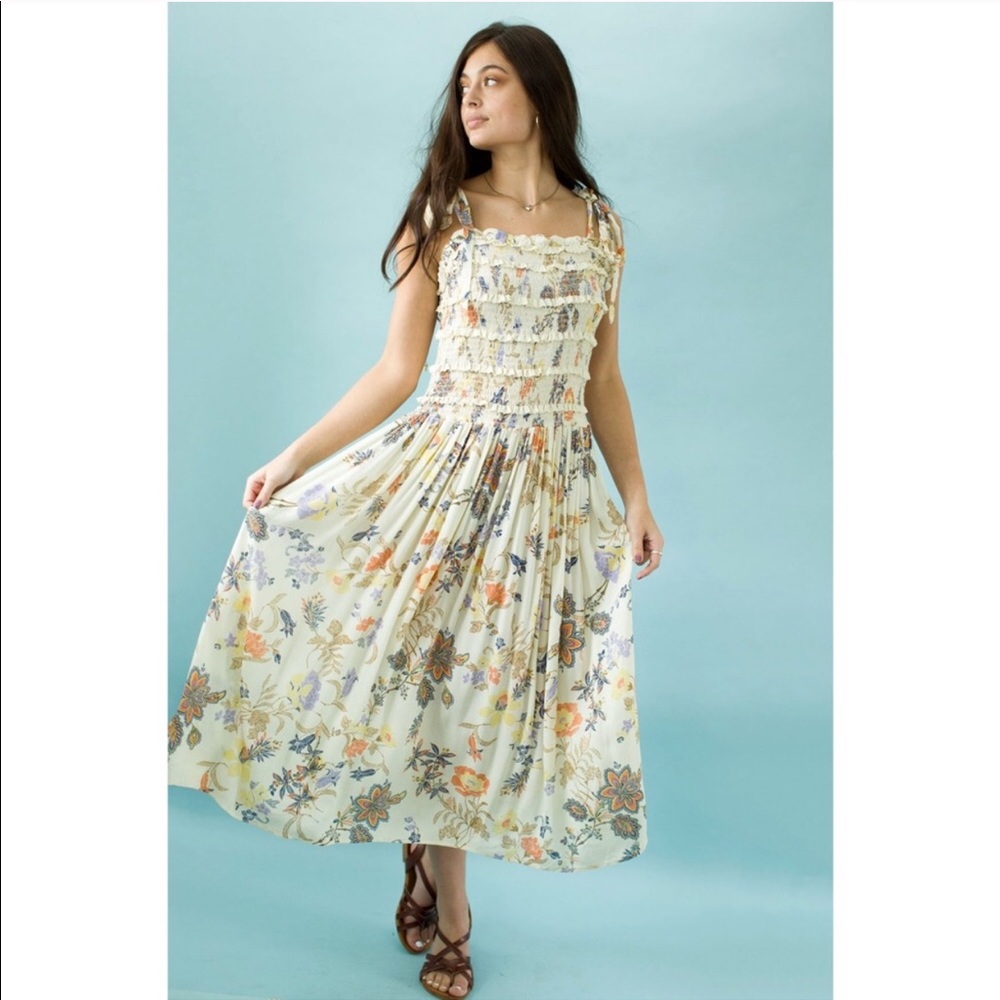 Free People Isla Floral Midi Dress Cream - S